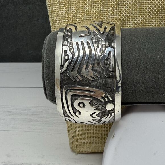 Vintage Heavy Mexico 925 Sterling Silver Monkey Tribal Cuff Bracelet 72 Grams - Picture 10 of 15